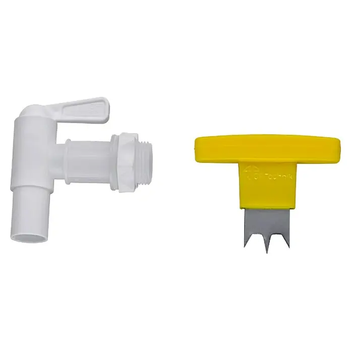 Arves Auslaufhahn aus Kunststoff - Gewindegröße Wasserhahn: ¾″, Zubehör: Bohrer - Ein Hahn aus weißem Kunststoff und ein gelbes Werkzeug zum Anbringen des Hahns. Das Set ist perfekt für Wasserspender.