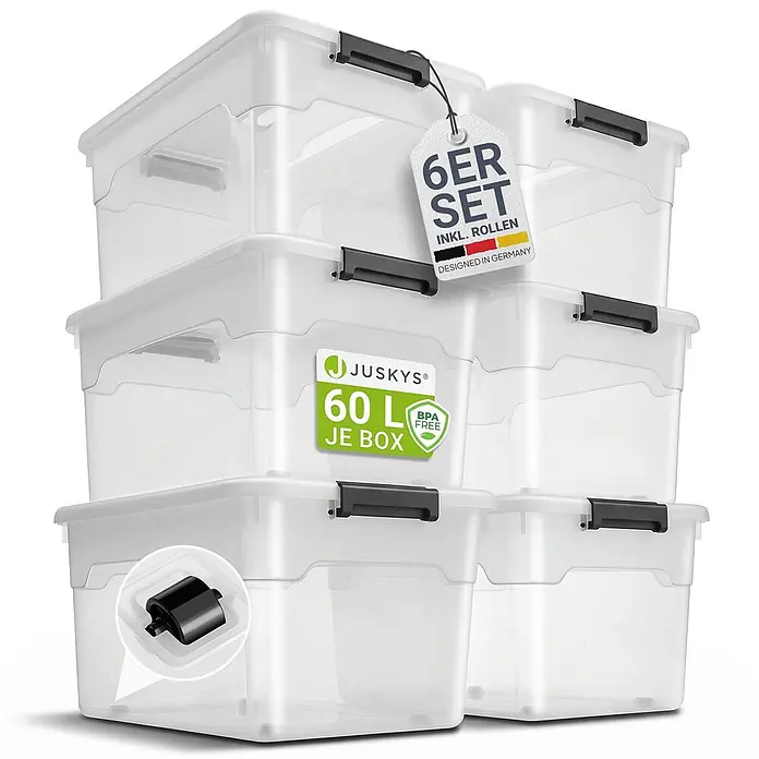 Juskys Aufbewahrungsbox-Set Aufbewahrungsbox - L x B x H: 58 x 43 x 34 cm, Kunststoff, Weiß, 6 Stk. - Stapel von sechs transparenten Kunststoff-Aufbewahrungsboxen mit schwarzen Verschlüssen und Rollen, je 60L, BPA-frei.