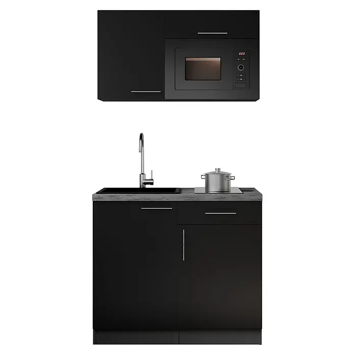 Respekta Oliver Miniküche - Breite: 100 cm, Schwarz, Kochfeld | Mikrowelle - Kompakte dunkelgraue Küchenzeile mit integrierter Mikrowelle, Spüle, Wasserhahn und Induktionskochfeld mit Topf.