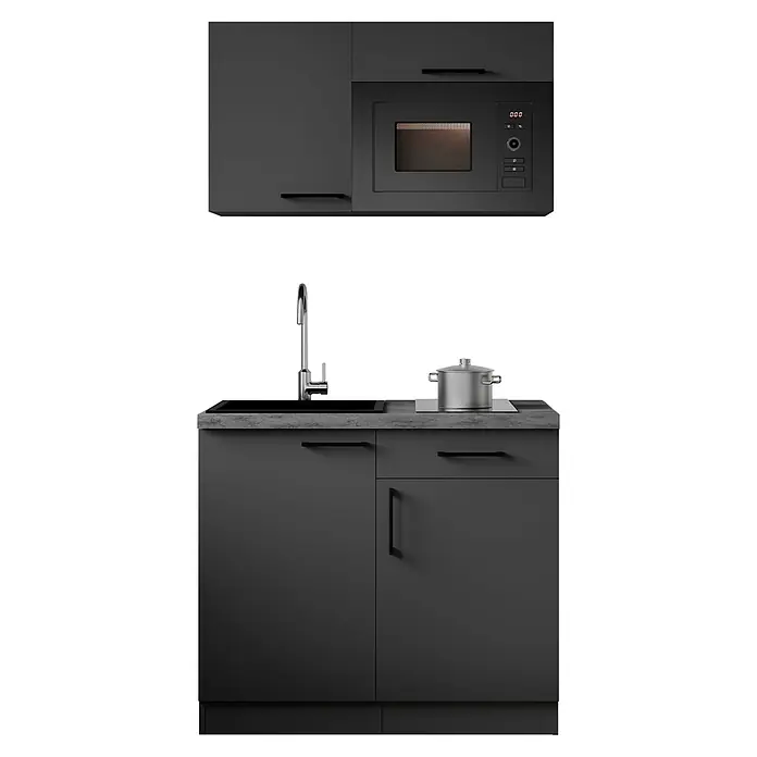 Respekta Oliver Miniküche - Breite: 100 cm, Grau, Kochfeld | Mikrowelle - Dunkelgraue Kompaktküche mit integrierter Mikrowelle, Spüle, Kochfeld und modernen Schränken.