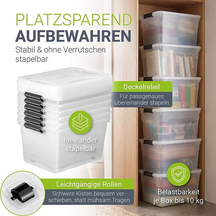 Juskys Aufbewahrungsbox-Set Aufbewahrungsbox - L x B x H: 52 x 38 x 30 cm, Kunststoff, Weiß, 6 Stk. - Transparente Kunststoff-Aufbewahrungsboxen, einige ineinander, andere gefüllt und im Schrank gestapelt, betonen ihre Stapel- und Platzsparfunktionen.