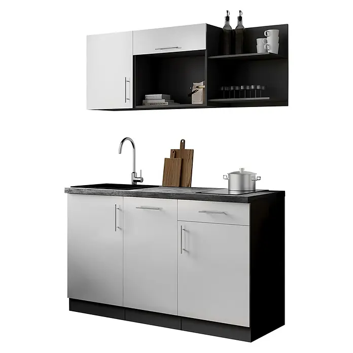 Respekta Oliver Miniküche - Breite: 145 cm, Weiß, Kochfeld | Geschirrspüler - Modernes Küchenschrank-Set in Weiß und Dunkelgrau mit Spüle, Wasserhahn und Kochzubehör.