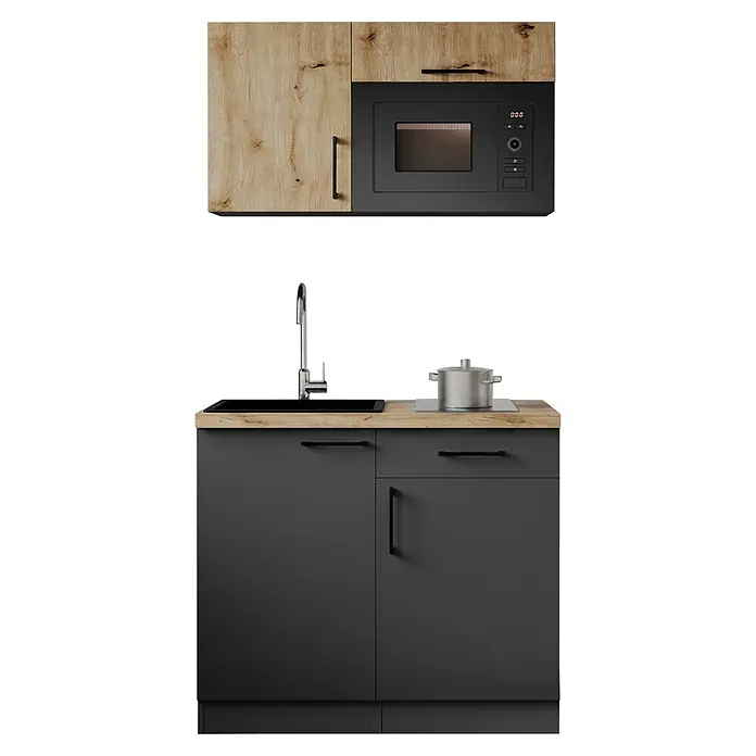 Respekta Oliver Miniküche - Breite: 100 cm, Grau/Holz, Kochfeld | Mikrowelle - Moderne zweifarbige Küchenzeile mit hellen Holz- und dunkelgrauen Schränken, eingebauter Mikrowelle, Spüle, Armatur und Kochfeld.