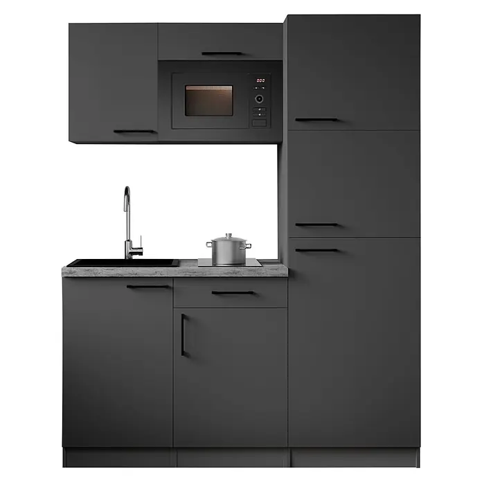 Respekta Oliver Singleküche - Breite: 160 cm, Grau, Kochfeld | Kühlschrank | Mikrowelle - Dunkelgraue modulare Küchenzeile mit Spüle, Wasserhahn, Induktionskochfeld und Einbau-Mikrowelle. Mit schwarzen Griffen und grauer Arbeitsplatte.