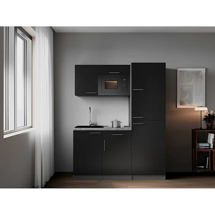 Respekta Oliver Singleküche - Breite: 160 cm, Schwarz, Kochfeld | Kühlschrank | Mikrowelle - Eine kompakte schwarze Küchenzeile mit integrierter Spüle, Mikrowelle und Stauschränken in einem modernen Apartment.