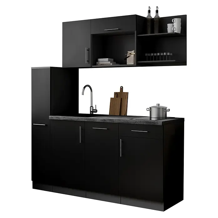 Respekta Oliver Singleküche - Breite: 175 cm, Höhe: 200 cm, Schwarz, Kochfeld | Geschirrspüler - Schwarze modulare Küchenzeile mit Spüle, Kochfeld und Oberschränken, Metallgriffen und Küchenzubehör.