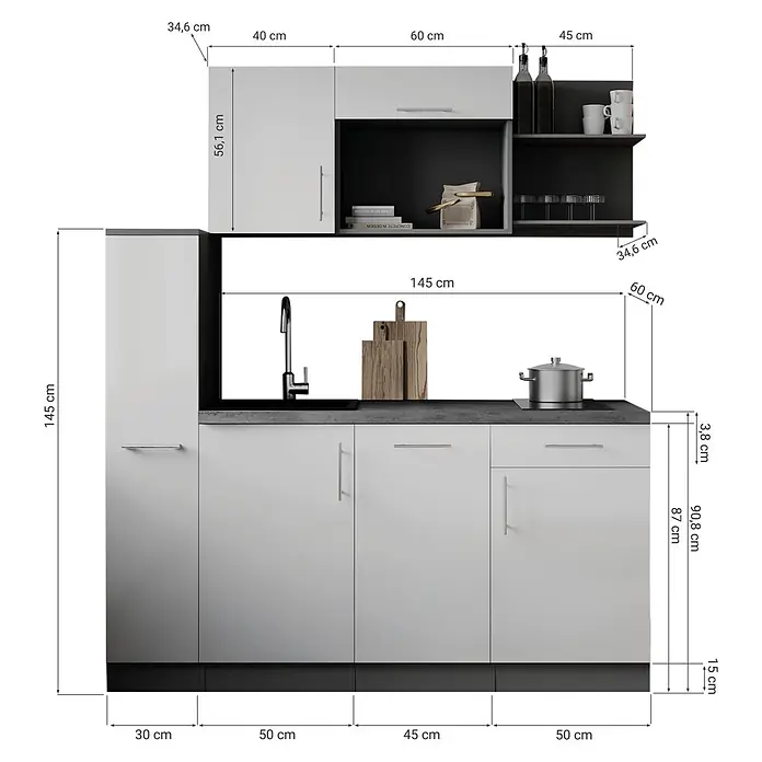 Respekta Oliver Singleküche - Breite: 175 cm, Höhe: 200 cm, Weiß, Kochfeld | Geschirrspüler - Eine weiße und graue modulare Küchenzeile mit Spüle, Kochfeld und Hängeschränken, mit Maßen dargestellt.