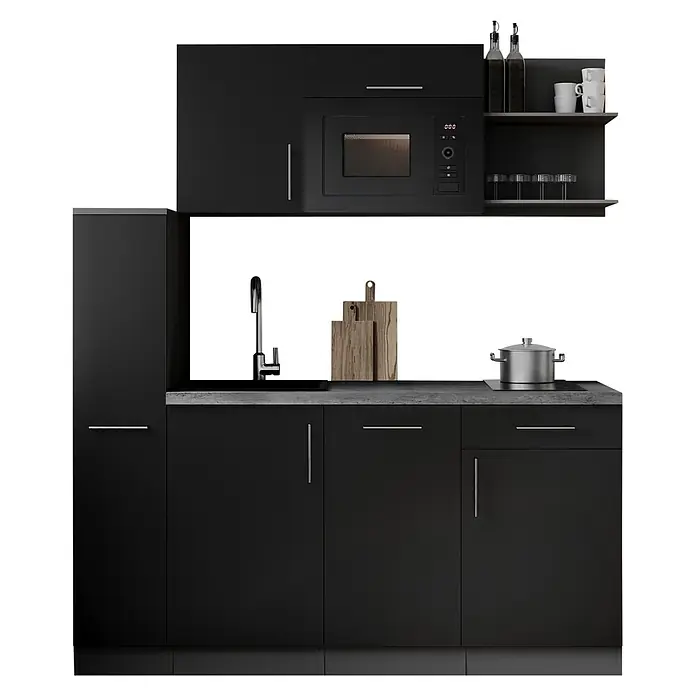 Respekta Oliver Singleküche - Breite: 175 cm, Höhe: 200 cm, Schwarz, Kochfeld | Geschirrspüler | Mikrowelle - Moderne schwarze Küchenzeile mit eingebauter Mikrowelle, Spüle und Kochfeld. Dunkle Arbeitsplatte, silberne Griffe und Küchenzubehör.