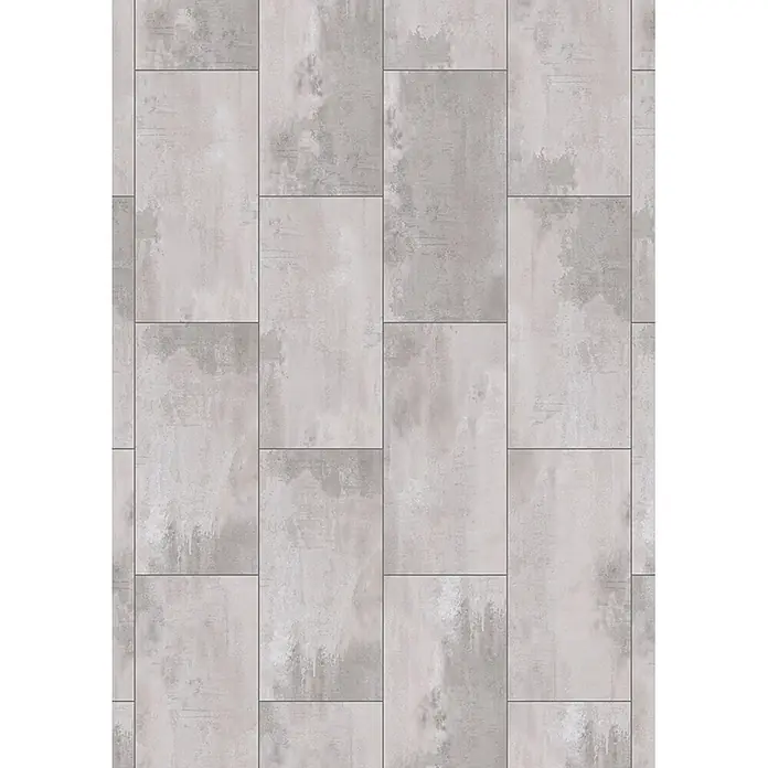 LOGOCLIC Hartvinylboden ElementPro Sharky Tiles - 1.210 x 295 x 5 mm, Fliese, Sharky Tiles - Graue rechteckige Fliesen in Betonoptik, verlegt im Versatzmuster.