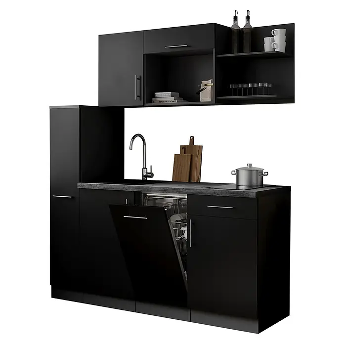 Respekta Oliver Singleküche - Breite: 175 cm, Höhe: 200 cm, Schwarz, Kochfeld | Geschirrspüler - Moderne schwarze Küchenzeile mit Spüle, Arbeitsplatte und offener Spülmaschine, oberen Schränken und Zubehör.