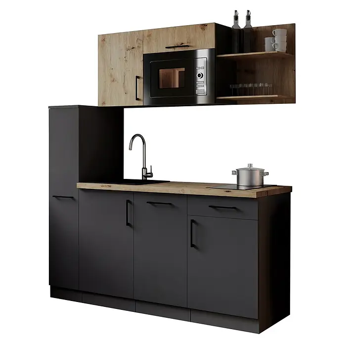 Respekta Oliver Singleküche - Breite: 175 cm, Höhe: 200 cm, Grau/Holz, Kochfeld | Geschirrspüler | Mikrowelle - Moderne Küche mit dunkelgrauen Unterschränken, hellen Holzmaser-Oberschränken und Arbeitsplatte, integrierter Mikrowelle, Spüle und Kochfeld.