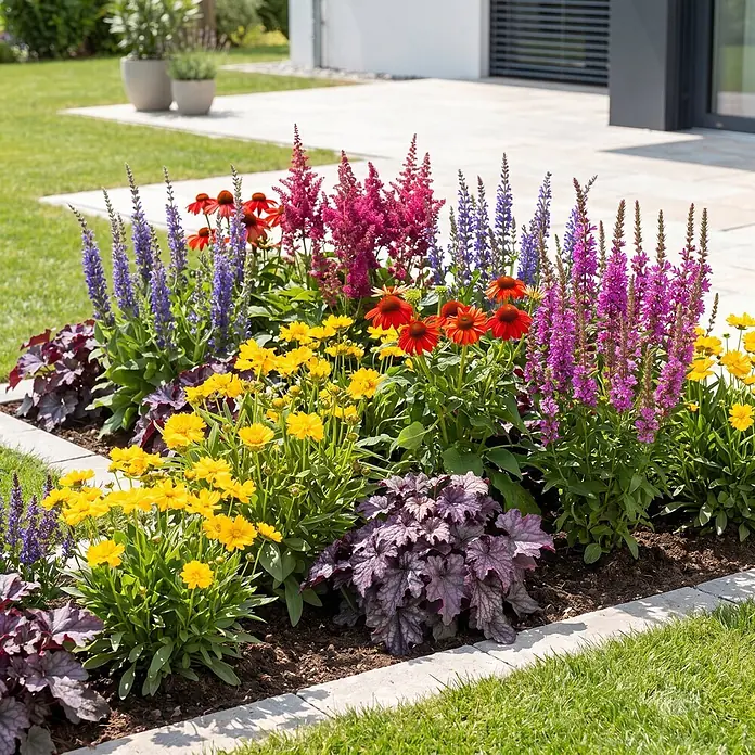 Piardino Stauden-Mix Colours of Summer - Topfgröße: 12 cm - Ein lebendiges, farbenfrohes Blumenbeet mit roten, gelben, lila und pinken Blüten und lila Laub, sauber mit hellgrauen Pflastersteinen am Rasen begrenzt.