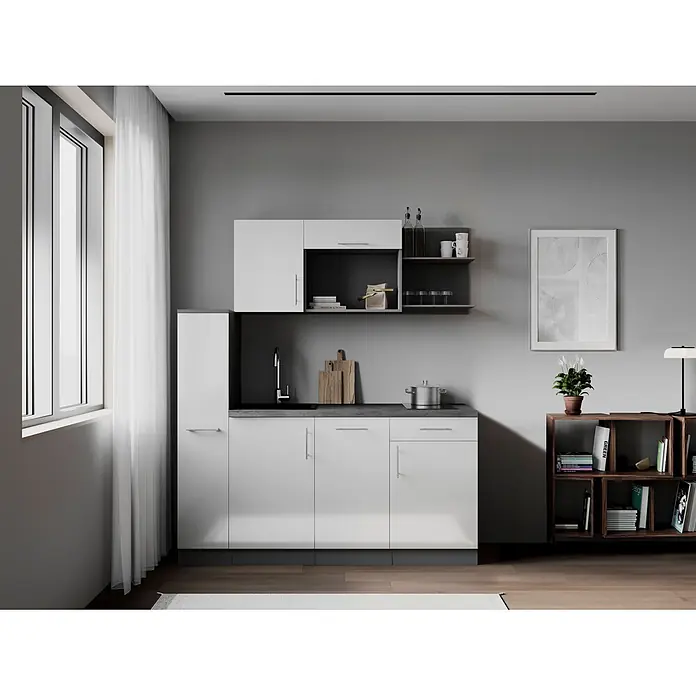 Respekta Oliver Singleküche - Breite: 175 cm, Höhe: 200 cm, Weiß, Kochfeld | Geschirrspüler - Moderne modulare Küchenzeile mit weißen Schränken und dunkler Arbeitsplatte in minimalistischem Raum.