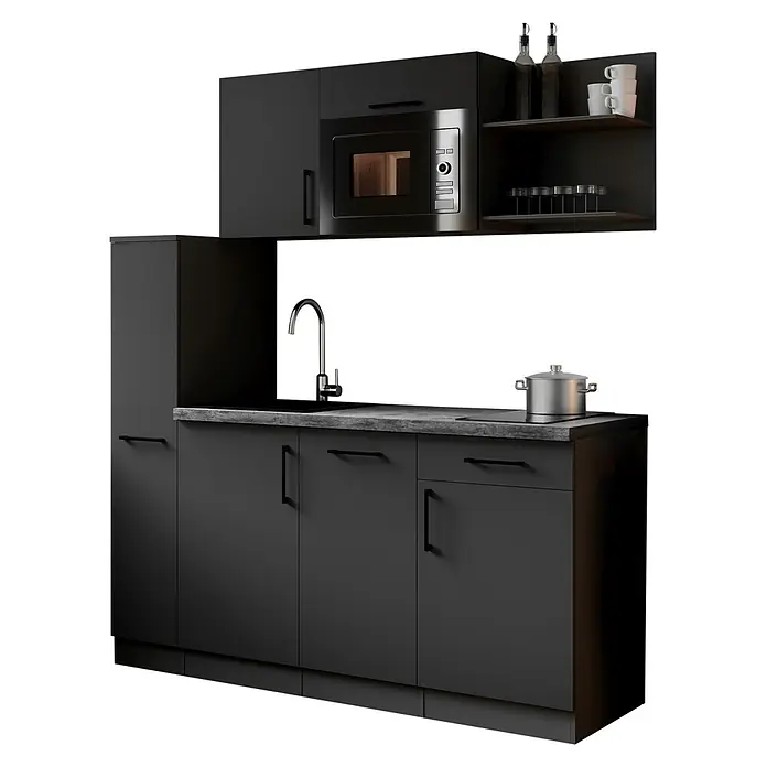 Respekta Oliver Singleküche - Breite: 175 cm, Höhe: 200 cm, Grau, Kochfeld | Geschirrspüler | Mikrowelle - Moderne schwarze Küchenzeile mit integrierter Mikrowelle, Spüle, Armatur und Induktionskochfeld, inklusive Ablagen und Küchenutensilien.