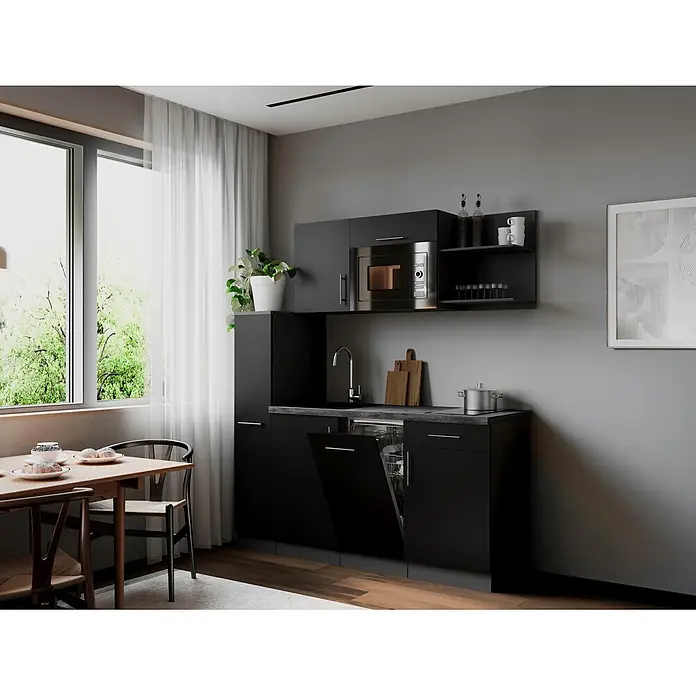 Respekta Oliver Singleküche - Breite: 175 cm, Höhe: 200 cm, Schwarz, Kochfeld | Geschirrspüler | Mikrowelle - Moderne schwarze Kompaktküche mit integrierter Mikrowelle und geöffnetem Geschirrspüler in elegantem, platzsparendem Design.