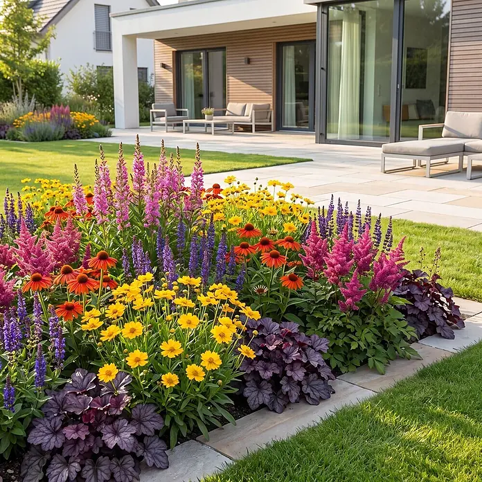Piardino Stauden-Mix Colours of Summer - Topfgröße: 12 cm - Lebhafter Garten mit lila, rosa, orangefarbenen und gelben Blumen vor einem modernen Haus und einer Terrasse.