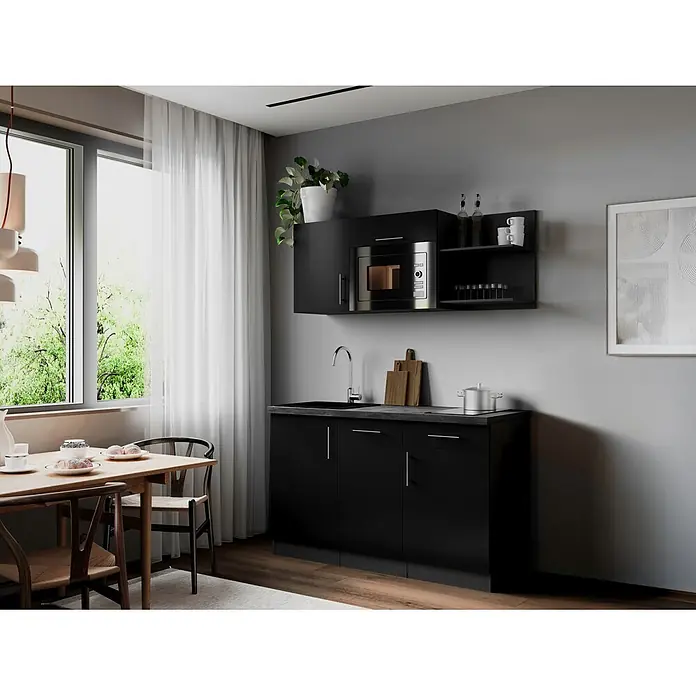 Respekta Oliver Miniküche - Breite: 145 cm, Schwarz, Kochfeld | Geschirrspüler | Mikrowelle - Moderne schwarze Küchenschränke, bestehend aus Ober- und Unterschränken mit integrierter Spüle und Mikrowelle, bilden einen schlanken und funktionalen Kochbereich.