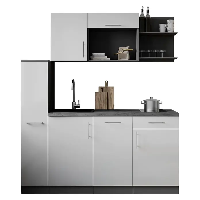 Respekta Oliver Singleküche - Breite: 175 cm, Höhe: 200 cm, Weiß, Kochfeld | Geschirrspüler - Moderne Küchenzeile mit weißen Türen, dunkelgrauen Arbeitsplatten und offenen Regalen. Mit Spüle, Wasserhahn und Induktionskochfeld mit Topf.