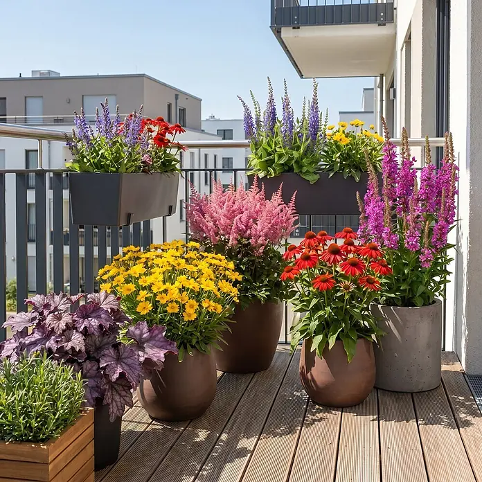 Piardino Stauden-Mix Colours of Summer - Topfgröße: 12 cm - Sonniger Balkon mit farbenfrohen Topfpflanzen in braunen, grauen und schwarzen Pflanzgefäßen, der einen lebendigen Außenbereich schafft.