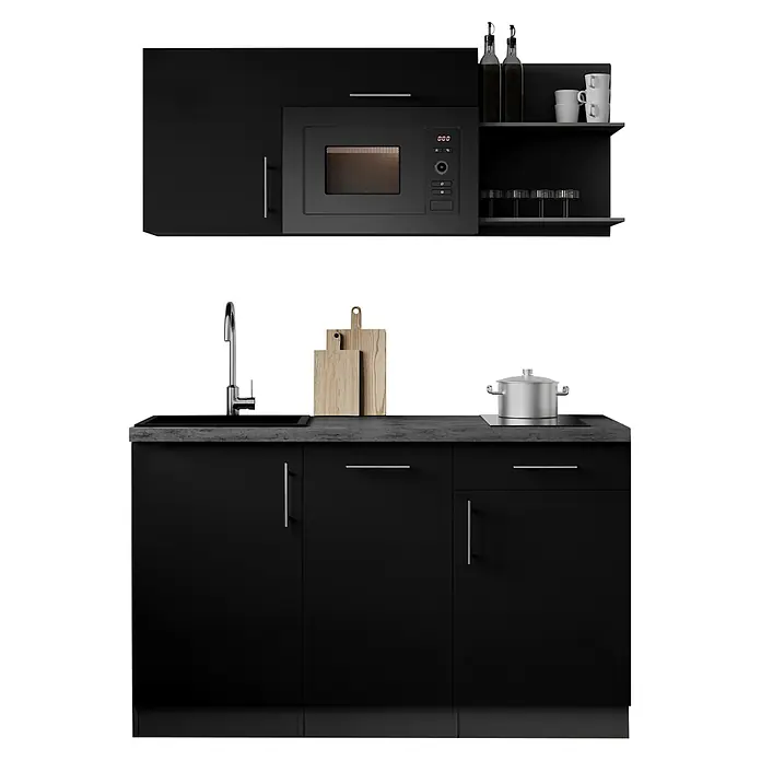 Respekta Oliver Miniküche - Breite: 145 cm, Schwarz, Kochfeld | Geschirrspüler | Mikrowelle - Moderne schwarze Küchenzeile mit integrierter Mikrowelle, Spüle und Kochfeld, mit Ober- und Unterschränken sowie dunklen Arbeitsplatten.