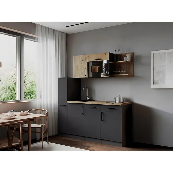 Respekta Oliver Singleküche - Breite: 175 cm, Höhe: 200 cm, Grau/Holz, Kochfeld | Geschirrspüler | Mikrowelle - Moderne Küche mit dunkelgrauen Schränken, Holz-Arbeitsplatten und hellen Oberschränken. Angrenzender Essbereich mit Holztisch und Stühlen.