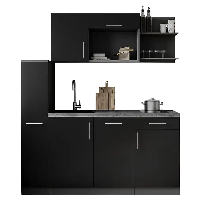 Respekta Oliver Singleküche - Breite: 175 cm, Höhe: 200 cm, Schwarz, Kochfeld | Geschirrspüler - Schwarze modulare Küchenzeile mit Spüle, Kochfeld, Schränken und Regalen, ideal für moderne Küchen.