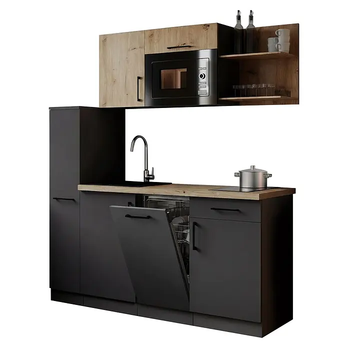 Respekta Oliver Singleküche - Breite: 175 cm, Höhe: 200 cm, Grau/Holz, Kochfeld | Geschirrspüler | Mikrowelle - Moderne Küchenzeile mit schwarzen Schränken, heller Holz-Arbeitsplatte, eingebauter Mikrowelle und offenem Geschirrspüler.
