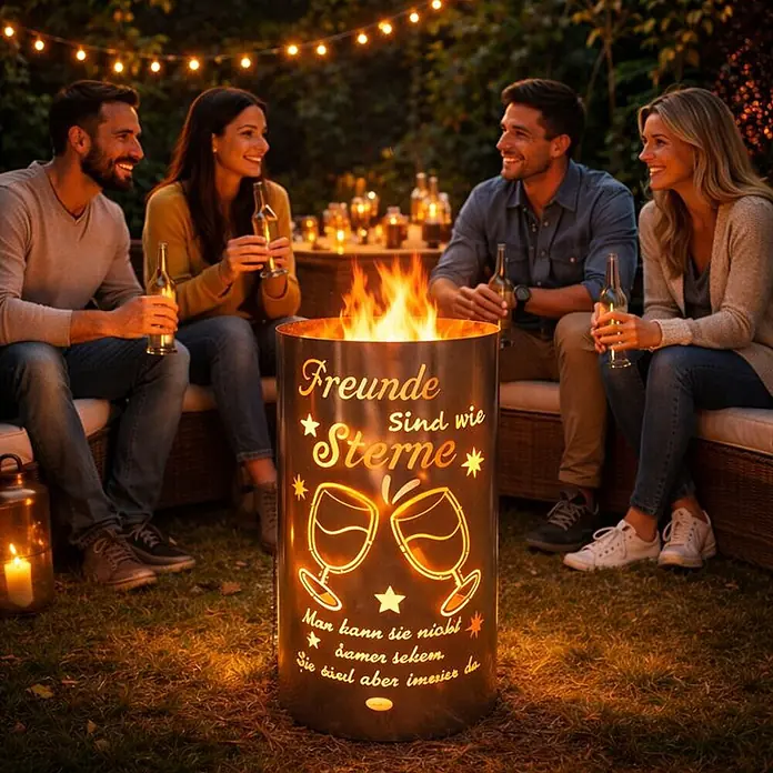 TiKo-Design Holzkohlegrill Feuertonne-Freunde - grau - Metallene Feuerschale mit Gravur 'Freunde sind wie Sterne' und Gläser-Design, genutzt von lächelnden Menschen im Garten.