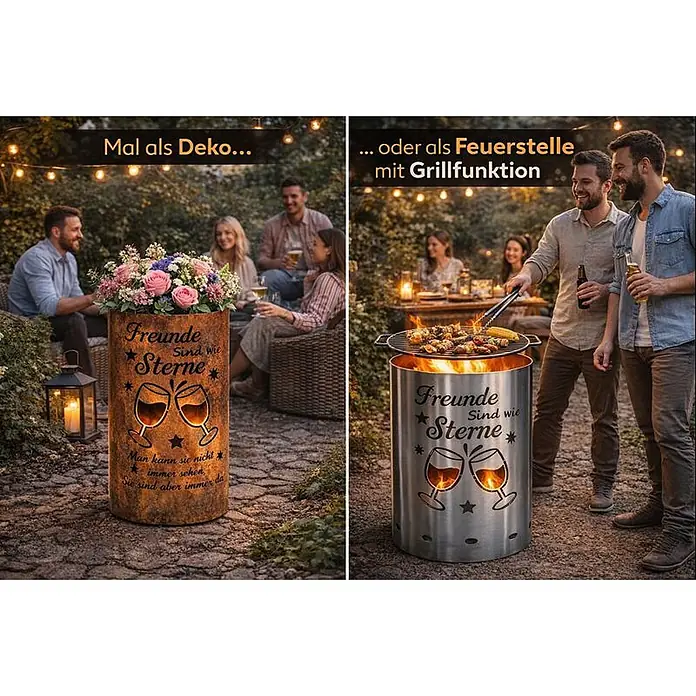 TiKo-Design Holzkohlegrill Feuertonne-Freunde - grau - Zwei zylindrische Outdoor-Produkte: ein roter Rost-Pflanzkübel mit Blumen und eine glänzende Edelstahl-Feuerstelle mit Grill, beide mit Freundschaftsspruch und Weingläsern.