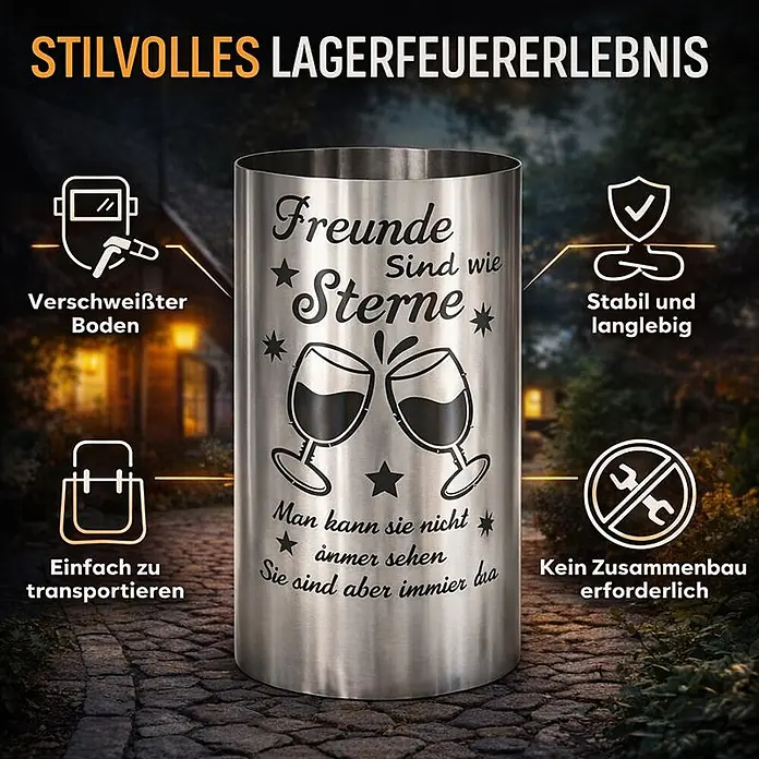 TiKo-Design Holzkohlegrill Feuertonne-Freunde - grau - Edelstahl-Dekozylinder für Lagerfeuer, beschriftet mit 'Freunde sind wie Sterne' und Weingläsern.