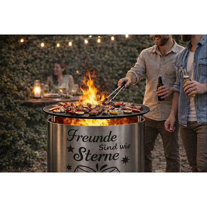 TiKo-Design Holzkohlegrill Feuertonne-Freunde - grau - Edelstahl-Feuerstelle mit flacher Grillplatte, zum Grillen von Fleisch und Gemüse im Freien verwendet.