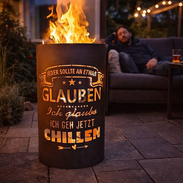 TiKo-Design® Feuertonne Chillen Ø 40 cm – massive Feuerstelle -  - Schwarze Feuertonne mit ausgeschnittenem Text und Flammen, abends im Freien für Atmosphäre genutzt.
