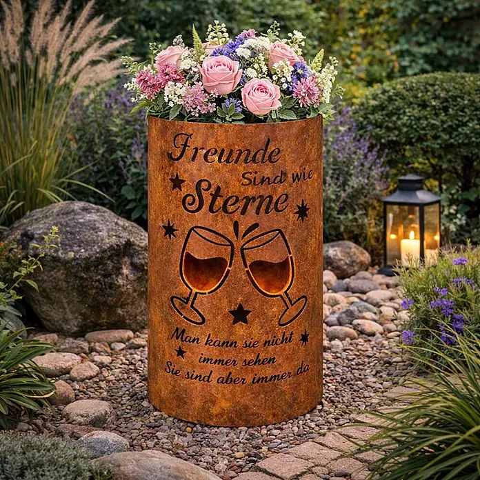 TiKo-Design Holzkohlegrill Feuertonne-Freunde - grau - Rostfarbener Metall-Gartenkübel mit "Freunde sind wie Sterne"-Schriftzug und Blumenarrangement, von innen beleuchtet.