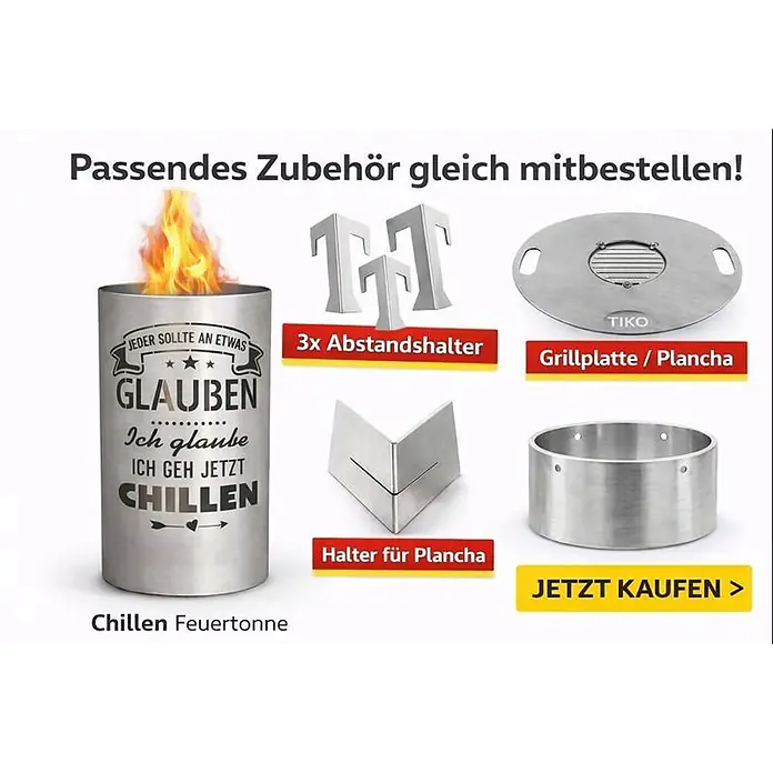 TiKo-Design® Feuertonne Chillen Ø 40 cm – massive Feuerstelle -  - Edelstahl-Feuertonne mit 'Chillen'-Schriftzug und Flamme, dazu T-förmige Abstandshalter, runde Grillplatte und Plancha-Halter Zubehör.