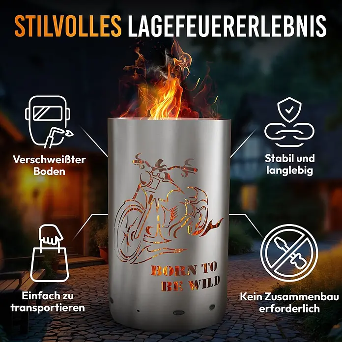 TiKo-Design Holzkohlegrill Feuertonne-Born to be wild - grau - Metall-Feuerstelle mit Motorradmotiv und "Born to be Wild"-Schriftzug, brennend im Freien.