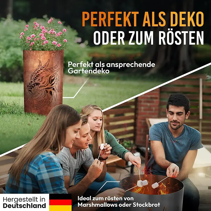 TiKo-Design Holzkohlegrill Feuertonne-Drachen - grau - Dekorative Metall-Gartensäule mit Drachenmotiv und Blumen, auch als Feuerschale zum Rösten von Marshmallows genutzt.