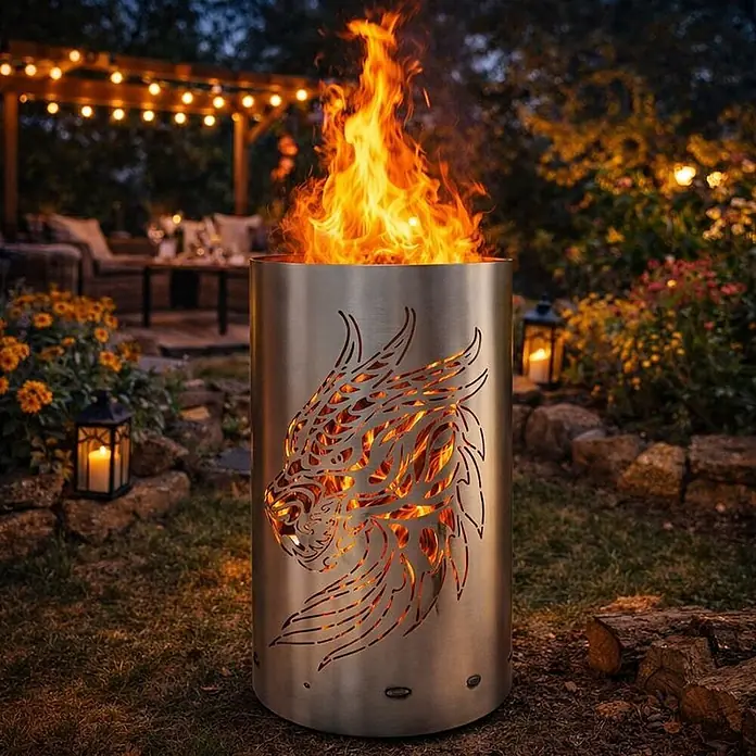 TiKo-Design Holzkohlegrill Feuertonne-Drachen - grau - Eine Edelstahl-Feuerstelle mit Drachenmotiv, hell brennend in einem Garten in der Abenddämmerung.