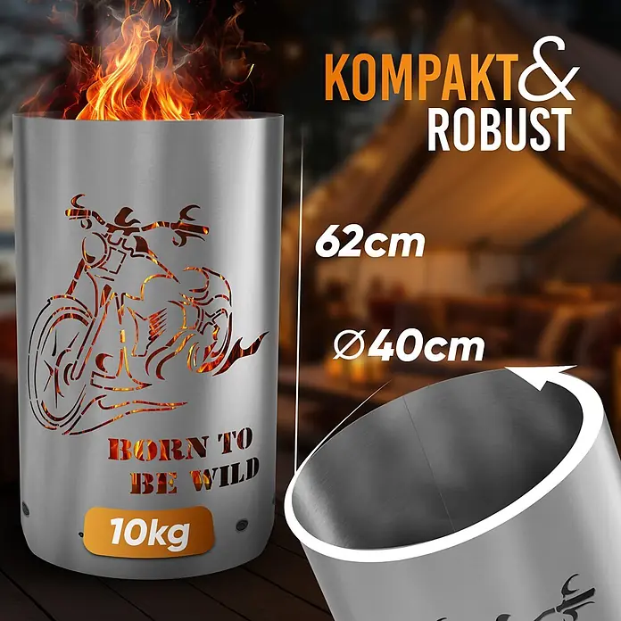 TiKo-Design Holzkohlegrill Feuertonne-Born to be wild - grau - Zylindrische Metall-Feuersäule mit Motorrad-Ausschnitt, glühendem Feuer und Maßen 62cm H, Ø40cm, 10kg. Als kompakt & robust beschrieben.
