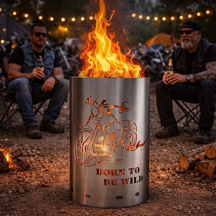 TiKo-Design Holzkohlegrill Feuertonne-Born to be wild - grau - Feuerstelle aus gebürstetem Metall mit Motorrad-Ausschnitten und "Born to be Wild"-Schriftzug, hell brennend im Freien.