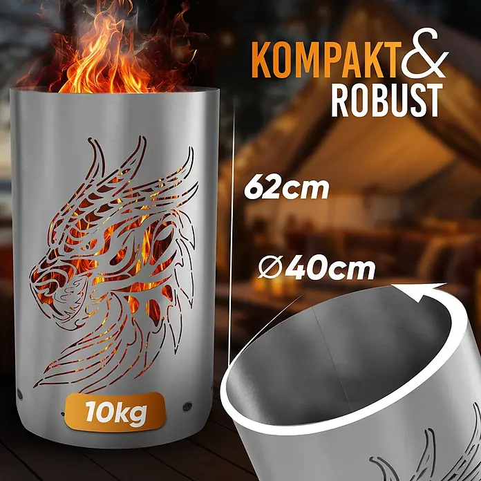 TiKo-Design Holzkohlegrill Feuertonne-Drachen - grau - Zylindrische silberne Feuersäule mit Drachen-Cutout, Flammen sichtbar, 62cm hoch, Ø40cm, 10kg.