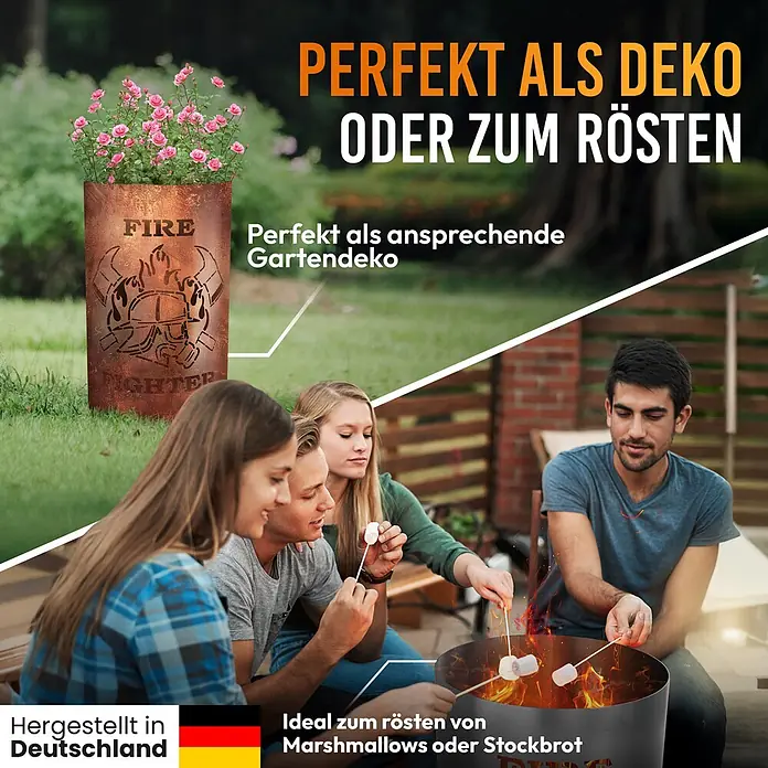 TiKo-Design® Feuertonne Firefighter Ø 40 cm – Feuerwehr Motiv -  - Rostige Metall-Feuerschale mit "FIRE FIGHTER"-Design, als Pflanzgefäß mit rosa Blumen und zum Rösten von Marshmallows genutzt.