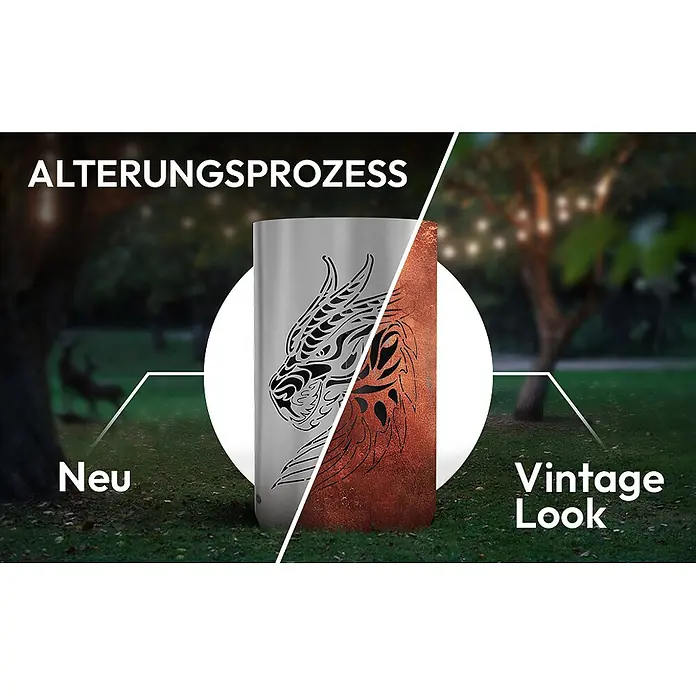 TiKo-Design Holzkohlegrill Feuertonne-Drachen - grau - Eine Outdoor-Metallsäule mit Drachenmotiv, neu in Silber und gealtert in Rostbronze, zeigt ihren natürlichen Patinaprozess im Garten.