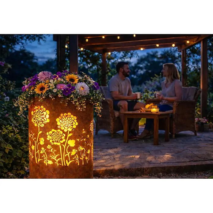 TiKo-Design Holzkohlegrill Feuertonne-Flower Power - grau - Rustikaler Metall-Pflanzkübel mit leuchtenden Blumenausschnitten und bunten Blumen für abendliches Ambiente im Freien.