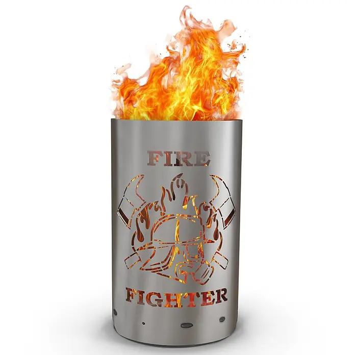 TiKo-Design® Feuertonne Firefighter Ø 40 cm – Feuerwehr Motiv -  - Feuerstelle aus Edelstahl mit "FIRE FIGHTER"-Schriftzug und Emblem, die echte Flammen zeigt.