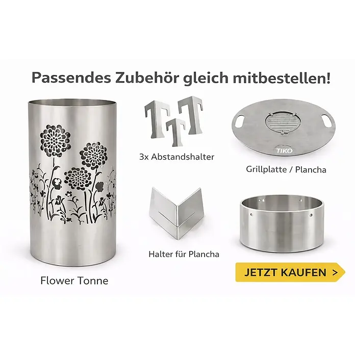 TiKo-Design Holzkohlegrill Feuertonne-Flower Power - grau - Edelstahl-Feuertonne 'Flower Tonne' mit Zubehör: Abstandshalter, Grillplatte/Plancha und Plancha-Halter.