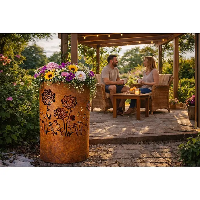 TiKo-Design Holzkohlegrill Feuertonne-Flower Power - grau - Dekosäule aus Rostmetall mit Blumen-Ausschnitten und bunten Blumen, verschönert eine gemütliche Garten-Terrasse.