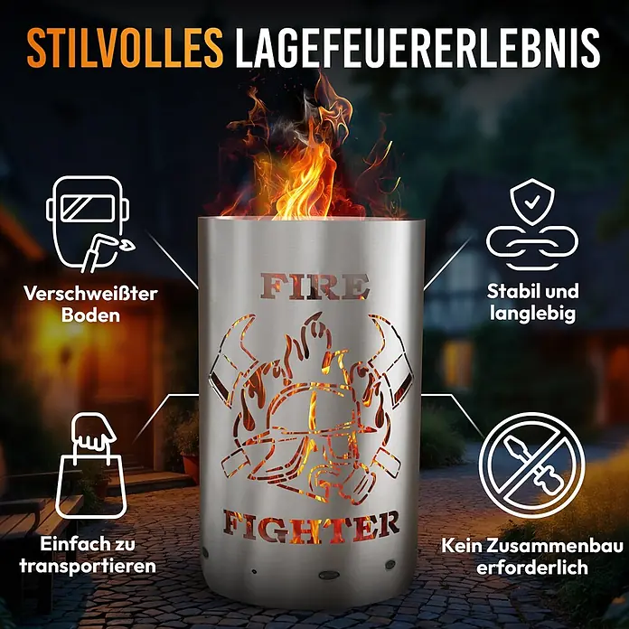 TiKo-Design® Feuertonne Firefighter Ø 40 cm – Feuerwehr Motiv -  - Edelstahl-Feuerstelle mit ausgeschnittenem „FIRE FIGHTER“-Design, die im Freien helle Flammen ausstrahlt. Stabil und leicht zu transportieren.