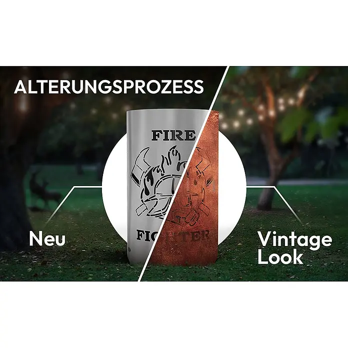 TiKo-Design® Feuertonne Firefighter Ø 40 cm – Feuerwehr Motiv -  - Metall-Feuerstelle zeigt Alterung: links neu silber, rechts verrosteter Vintage-Look, im Außenbereich.
