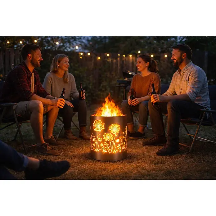 TiKo-Design Holzkohlegrill Feuertonne-Flower Power - grau - Eine runde Metall-Feuerstelle mit floralen Aussparungen leuchtet mit Feuer, umgeben von Menschen, die einen Abend im Freien genießen.