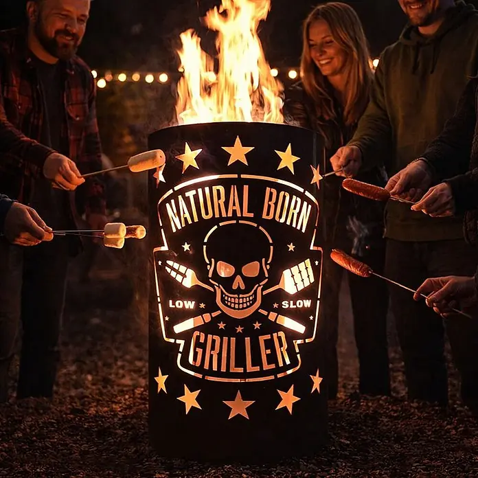 TiKo-Design® Feuertonne Natural Born Griller Ø 40 cm – Grill Motiv -  - Schwarze Metall-Feuerstelle mit Laser-Schnitt „Natural Born Griller“ Design, Totenkopf und Werkzeugen, wird zum Rösten von Essen am offenen Feuer genutzt.